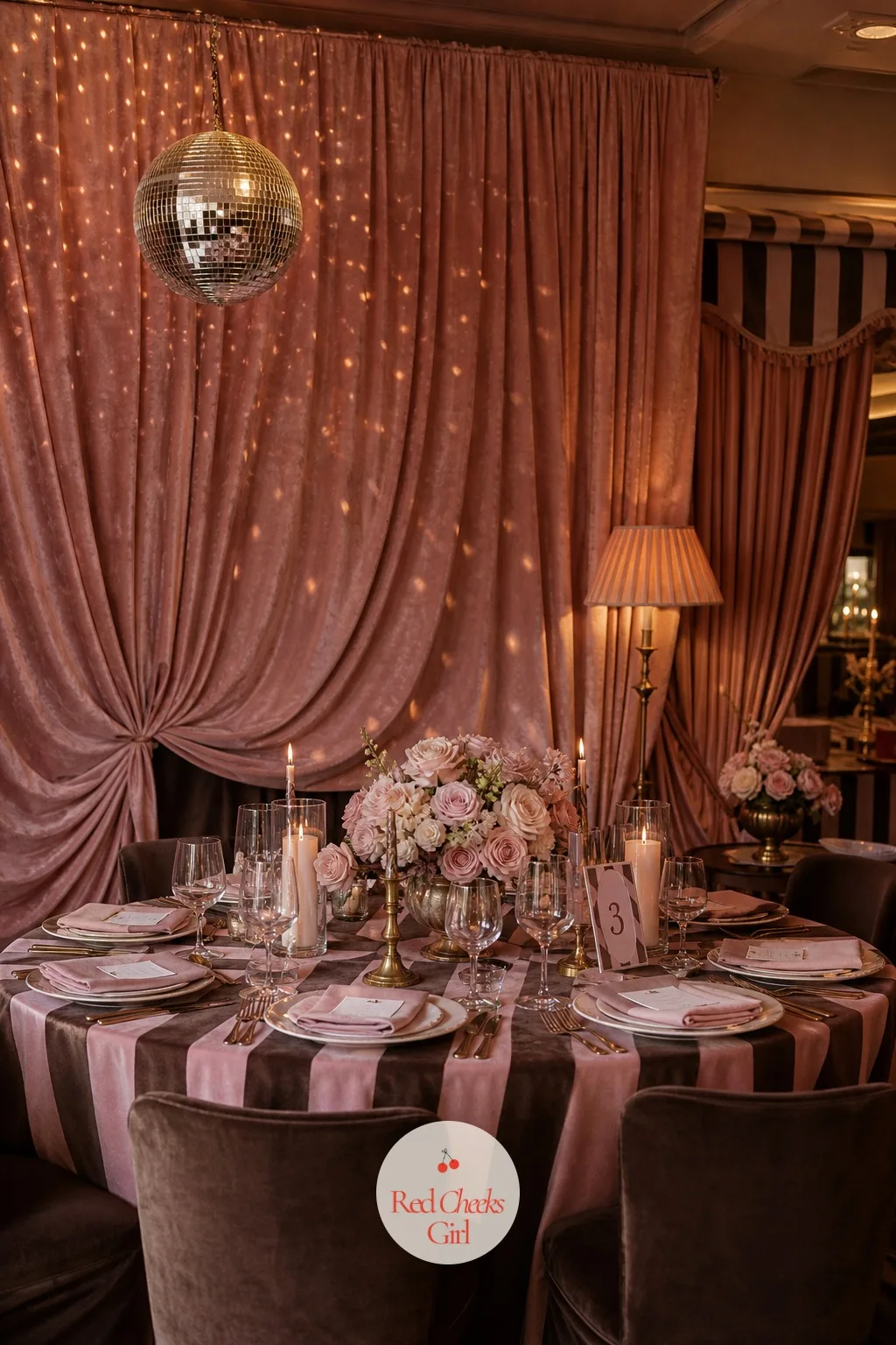 A Velvet Backdrop With One Disco Ball Catching The Light — She walks in and the whole wall is dressed before a single table is set. Pink and brown wedding