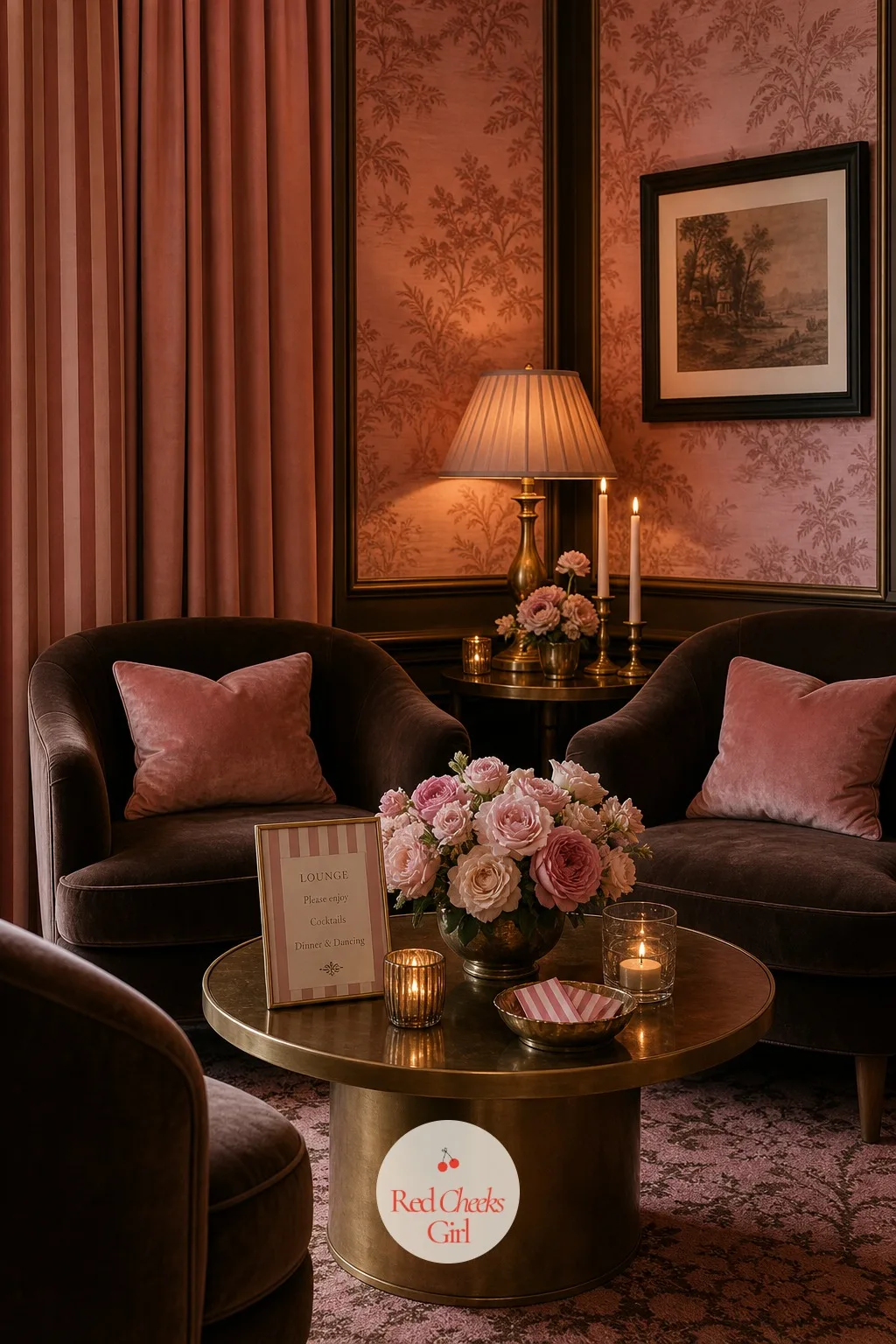 A Velvet Lounge Corner For The Hour Before Dinner — Somewhere off to the side, away from the dinner tables, a small seating cluster gives guests somewhere to