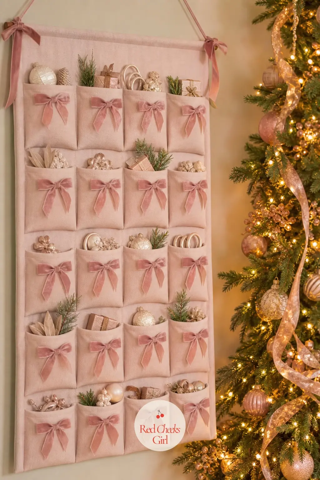 The Advent Calendar — A fabric advent calendar in the same blush and gold reads as part of the decor rather than a separate novelty item propped against it.