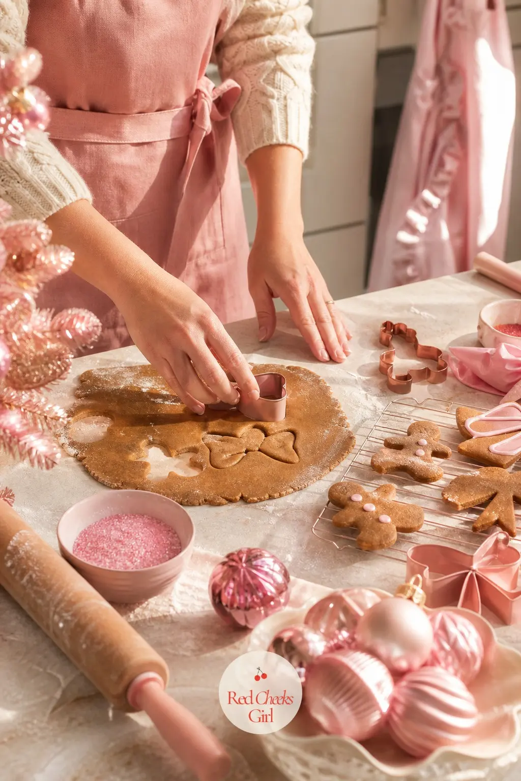 The Baking Station — Keep the counter itself part of the look: a blush apron on the hook, a set of gingerbread cutters laid out, a bowl of pink sanding sugar