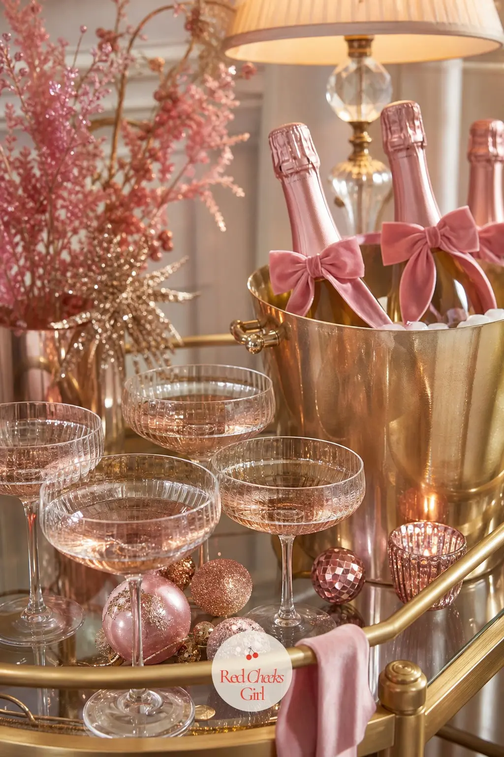 The Bar Cart — Rose punch or pink champagne in coupe glasses turns a drinks cart into the prettiest corner of the whole party without any extra effort. Pink