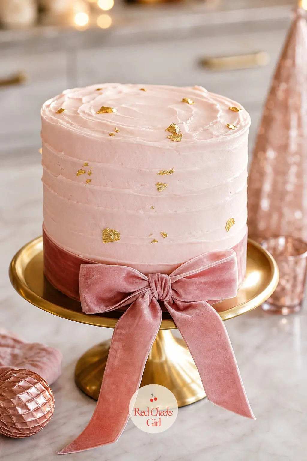 The Cake Stand — A naked or lightly iced cake in blush buttercream, finished with a single gold leaf or a velvet bow at its base, looks more like a wedding