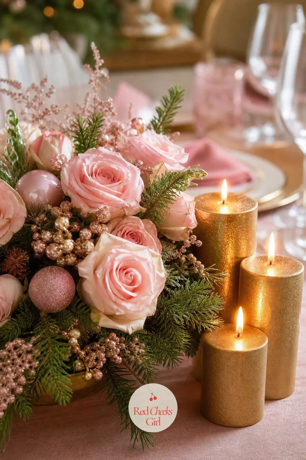 The Centerpiece — Skip the usual pine and go with blush roses or peonies low enough to talk over, mixed with a little real greenery so it still smells like