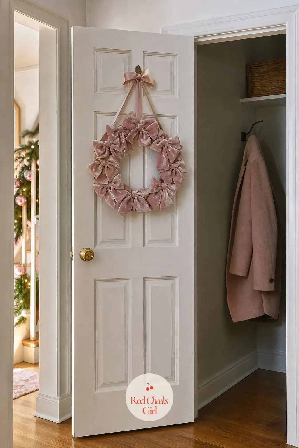 The Closet Door — A mini wreath hung on the inside of a coat closet door is the kind of detail only a guest hanging up her coat ever discovers, and that