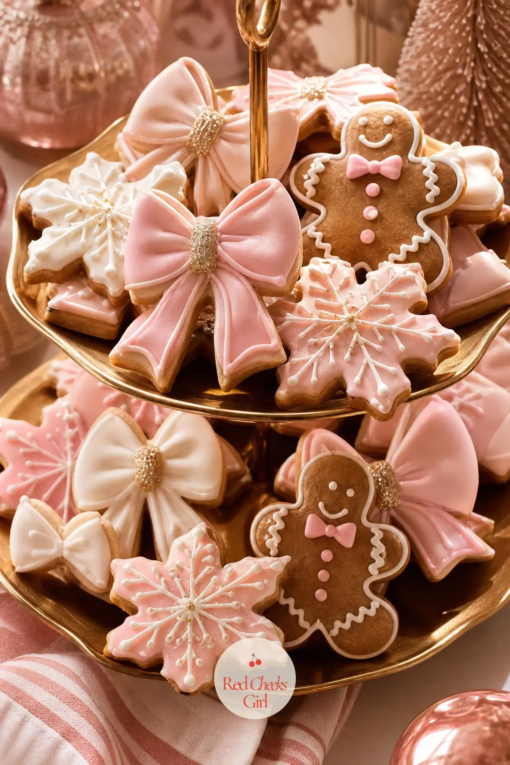 The Cookie Platter — Ice gingerbread and sugar cookies in blush and gold rather than the usual white and red, and cut a few into bow shapes so the motif turns