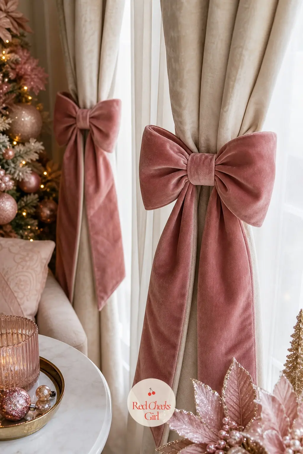 The Curtain Tiebacks — Swap plain curtain ties for a pair of velvet bows and a whole room shifts without a single new object entering it. Pink christmas