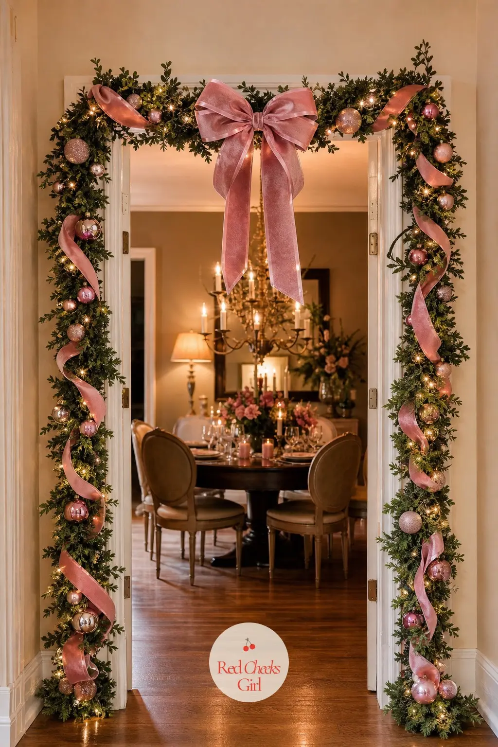 The Doorway Garland — An interior doorway strung with garland frames a room the way the front door frames the house, and it costs far less to do well. Pink