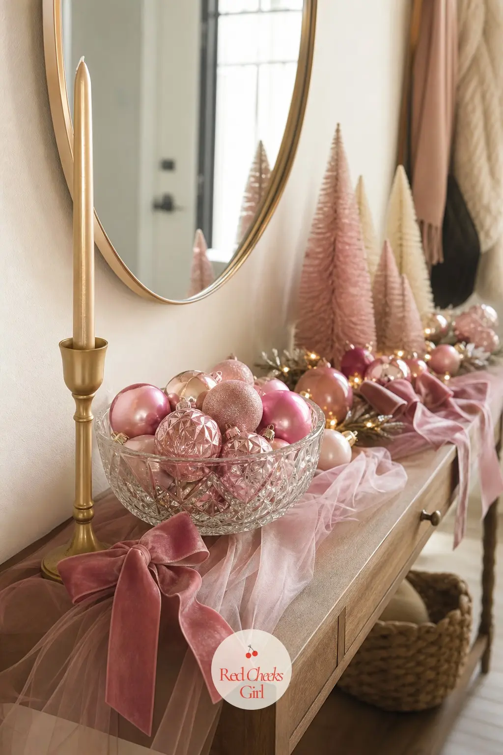 The Entry Console — A console just inside the door is where the palette gets its proper introduction: a glass bowl of spare bubblegum baubles, a tulle runner