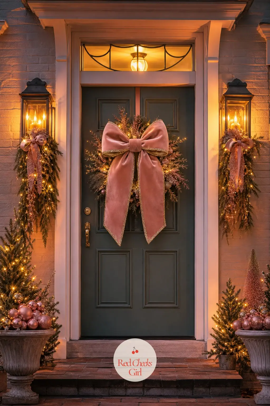 The Front Door — A single oversized velvet bow wreath does more for a front door than three smaller ones stacked together. Pink christmas decorations