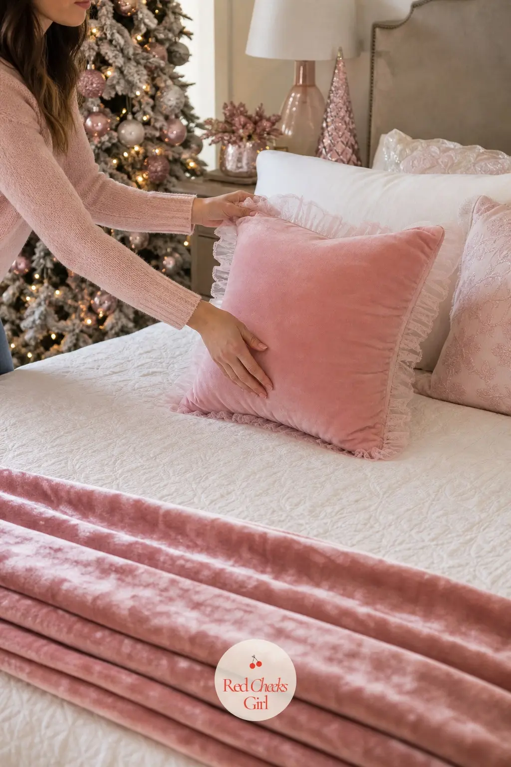 The Guest Bed — A velvet throw folded at the foot of the guest bed, a tulle-trimmed cushion propped against the pillows, is a small gesture that makes a