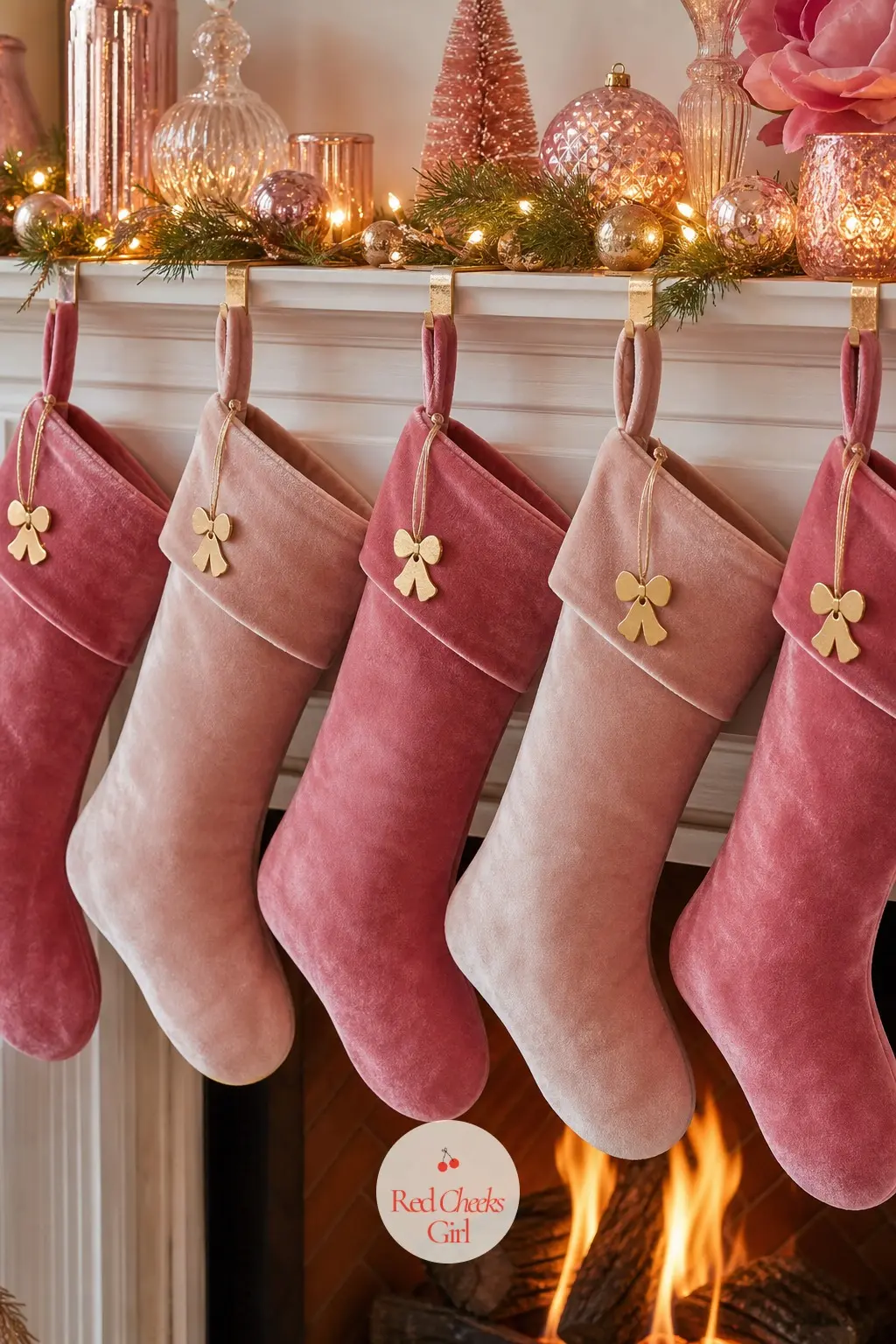 The Hearth — Stockings in velvet rather than felt change the whole character of a hearth, catching light instead of absorbing it. Pink christmas decorations