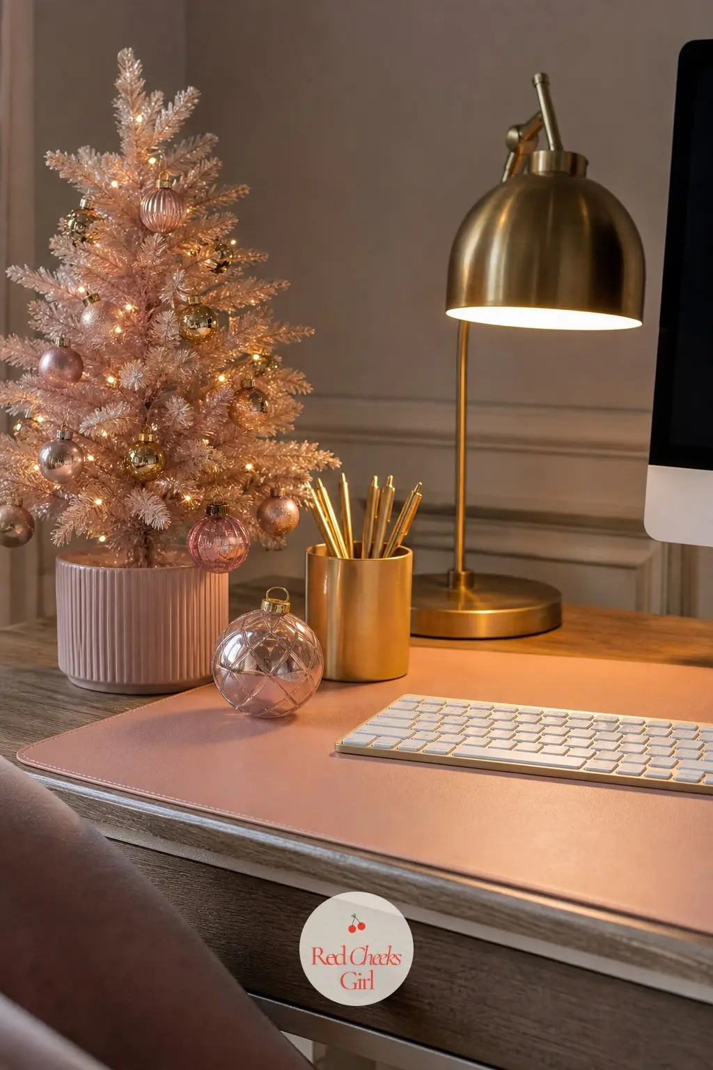 The Home Office Desk — A small tabletop tree and a blotter in blush turn the one corner that usually gets forgotten at Christmas into another finished
