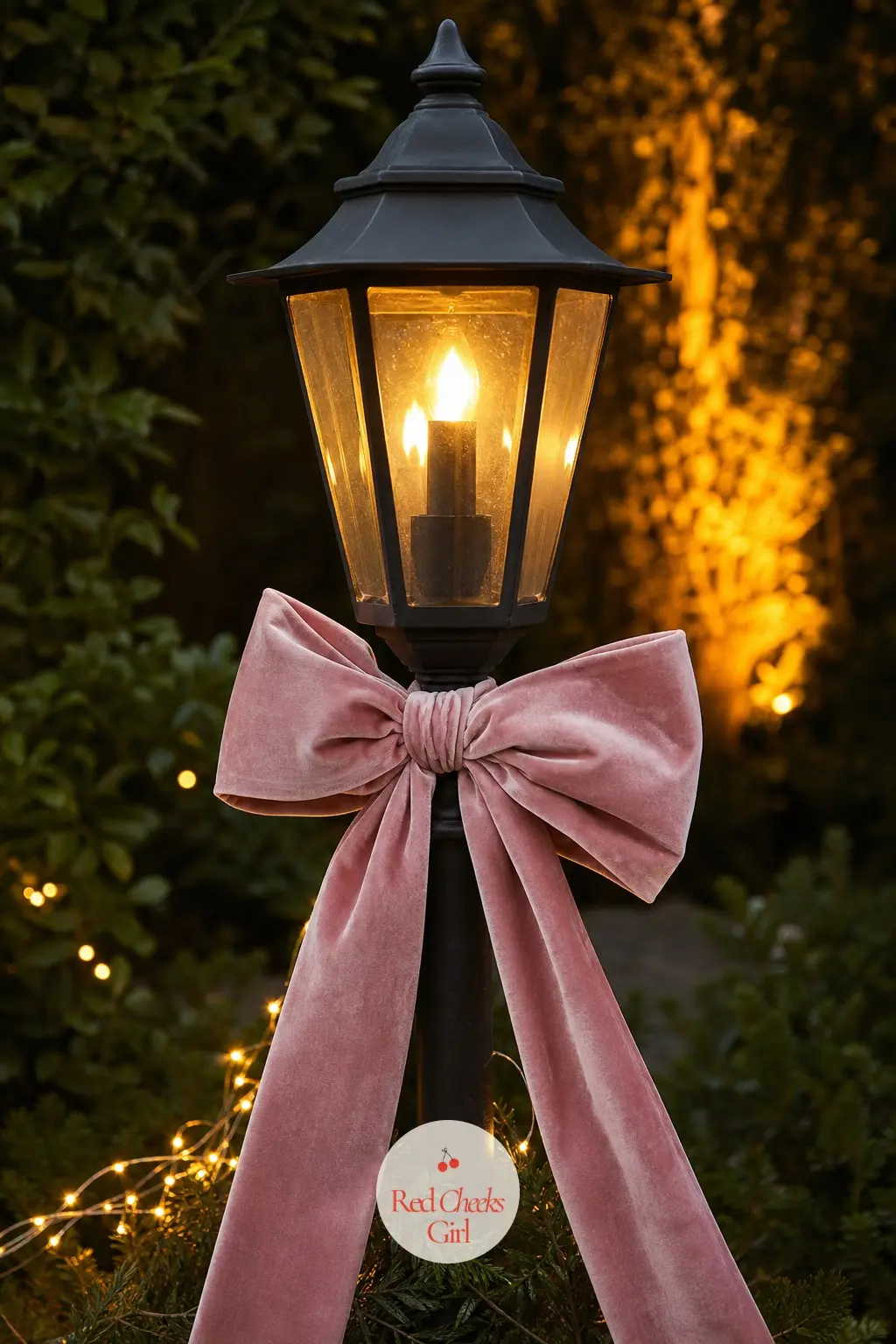 The Lamp Post — If the house has a lamp post or a gate post, it deserves one bow, not a tangle of ribbon. Pink christmas decorations
