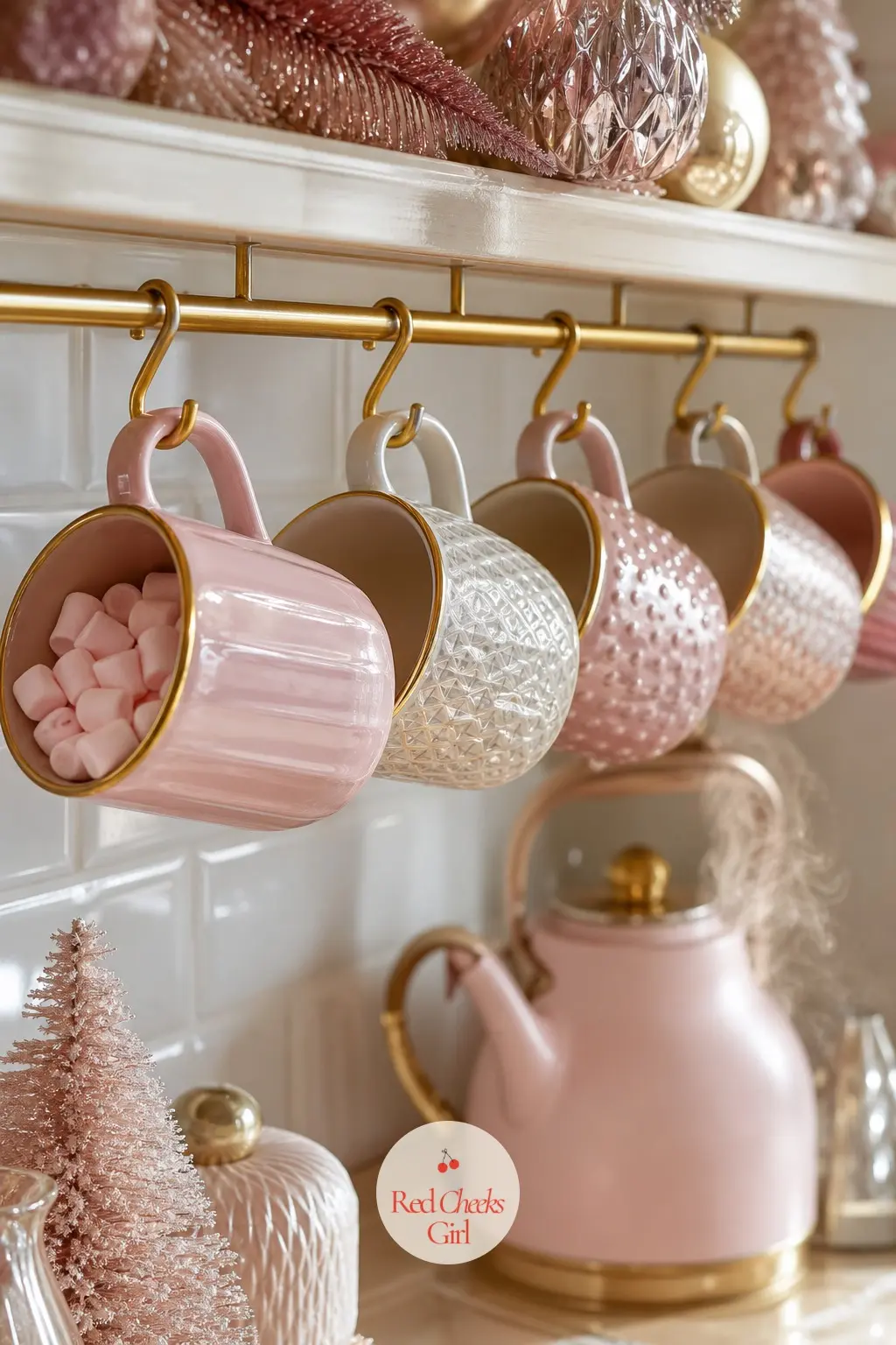 The Mug Rack — A row of blush and gold mugs hanging over the counter does more for the kitchen's holiday mood than most wall decor, and it earns its keep every
