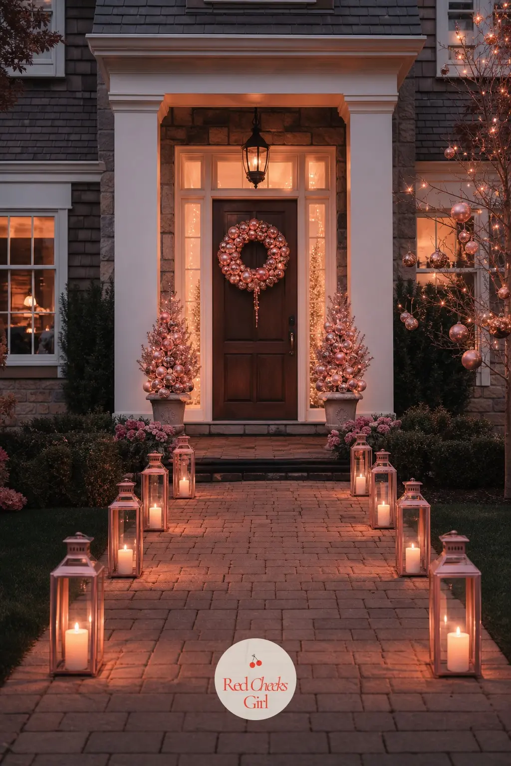 The Path to the Door — Line the path in lanterns rather than stakes of light, and pick glass ones so the flame or bulb inside actually glints. Pink christmas