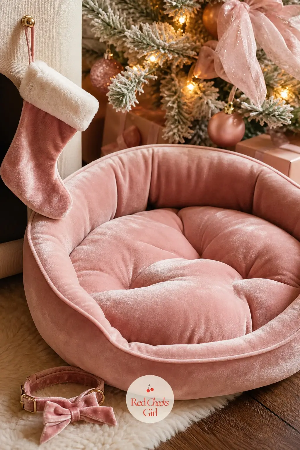 The Pet Corner — A velvet pet bed in blush, with a tiny stocking hung beside it, is a small indulgence that photographs beautifully and makes the family dog or