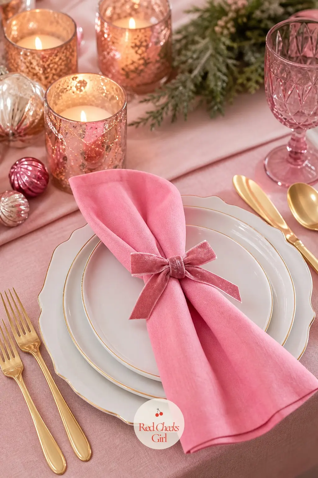 The Place Settings — Cloth napkins tied in a small velvet bow at each place turn an ordinary setting into something a guest photographs before she sits down.