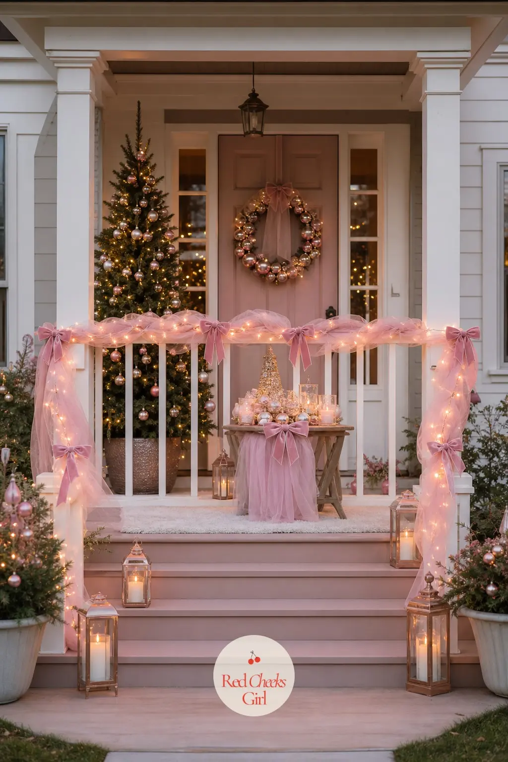The Porch Railing — Wind the railing in tulle rather than the usual pine garland and the whole porch softens instantly. Pink christmas decorations