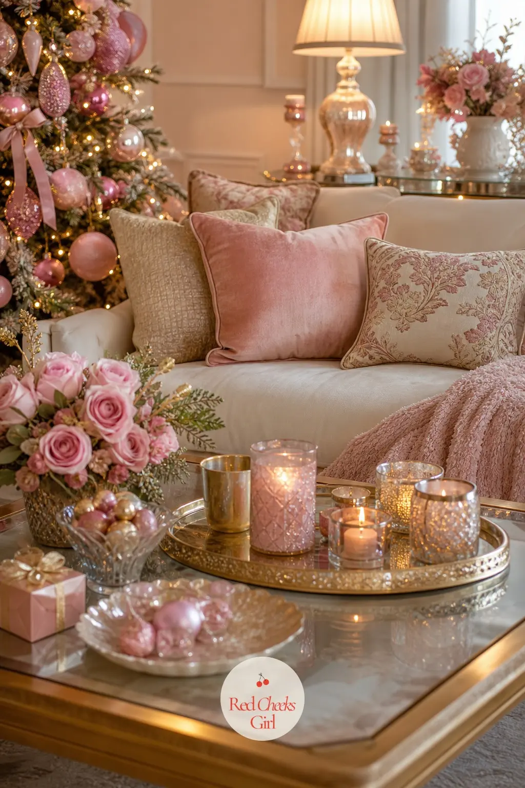 The Sitting Room — This is the wide shot the whole theme has been building toward: the tree glowing rose and gold in one corner, cushions in blush velvet