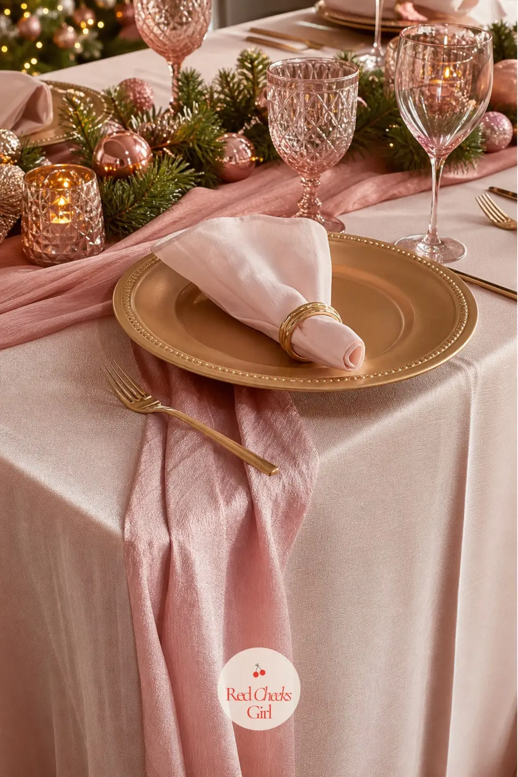 The Tablecloth and Runner Layers — Start with a blush tablecloth rather than white, since the whole point of this theme is that even the base layer carries the