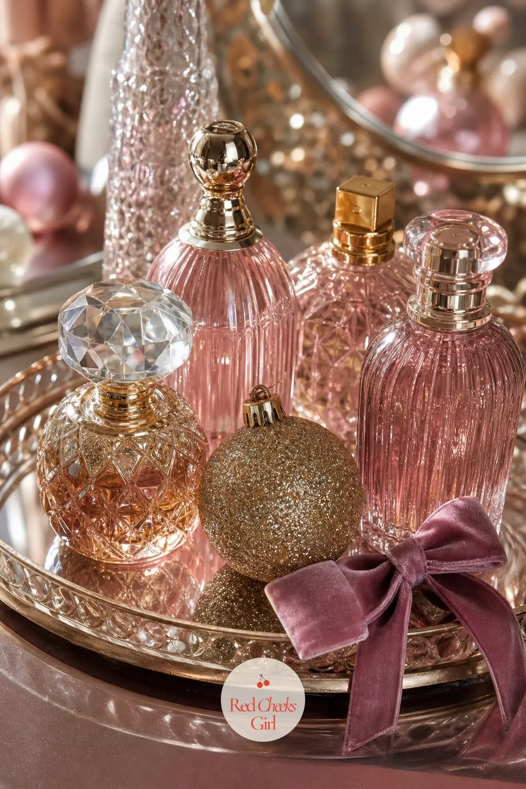 The Vanity Tray — A small glass tray on the vanity, holding perfume bottles and one glittered bauble, brings the theme into the one room that is entirely hers.