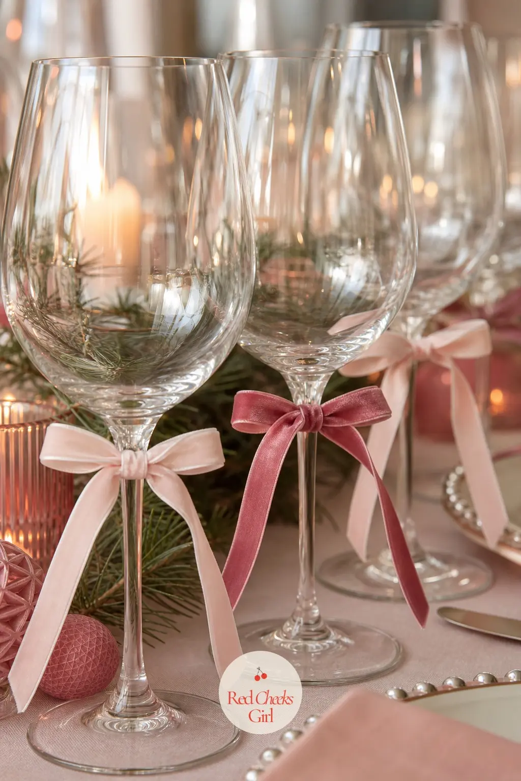 The Wine Glasses — A small velvet bow tied to each stem does double duty as decoration and as a way for every guest to find her glass again. Pink christmas