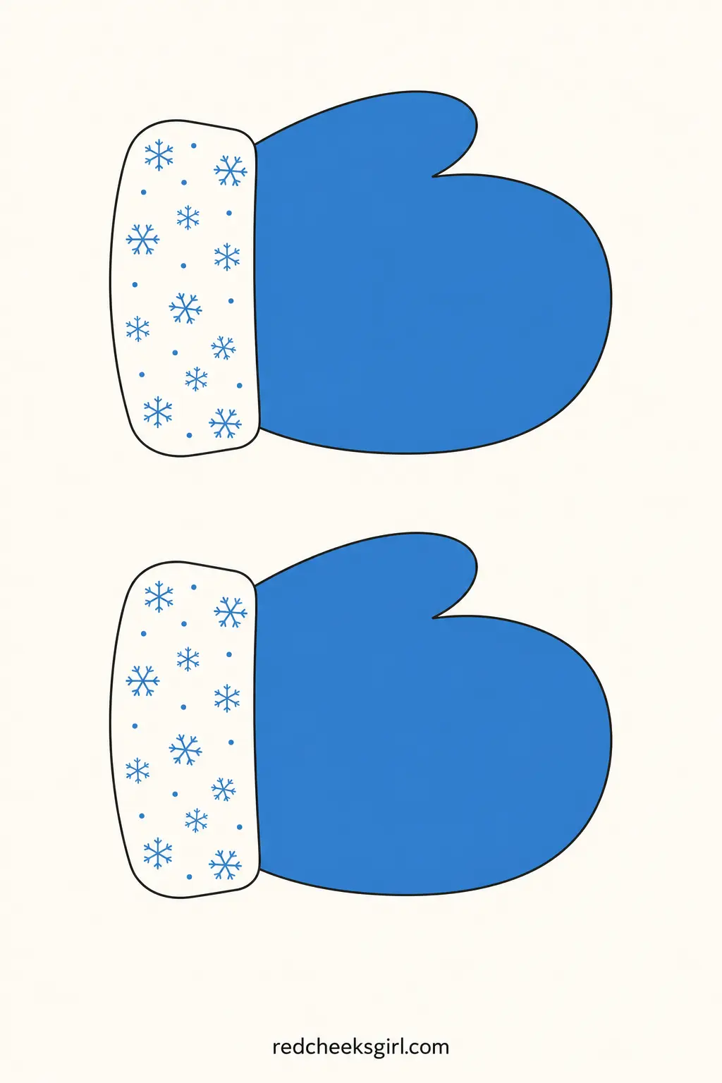 Blue Mittens printable sheet — A simple mitten shape in medium blue with a white cuff dotted in tiny snowflakes, repeated identically down the string rather