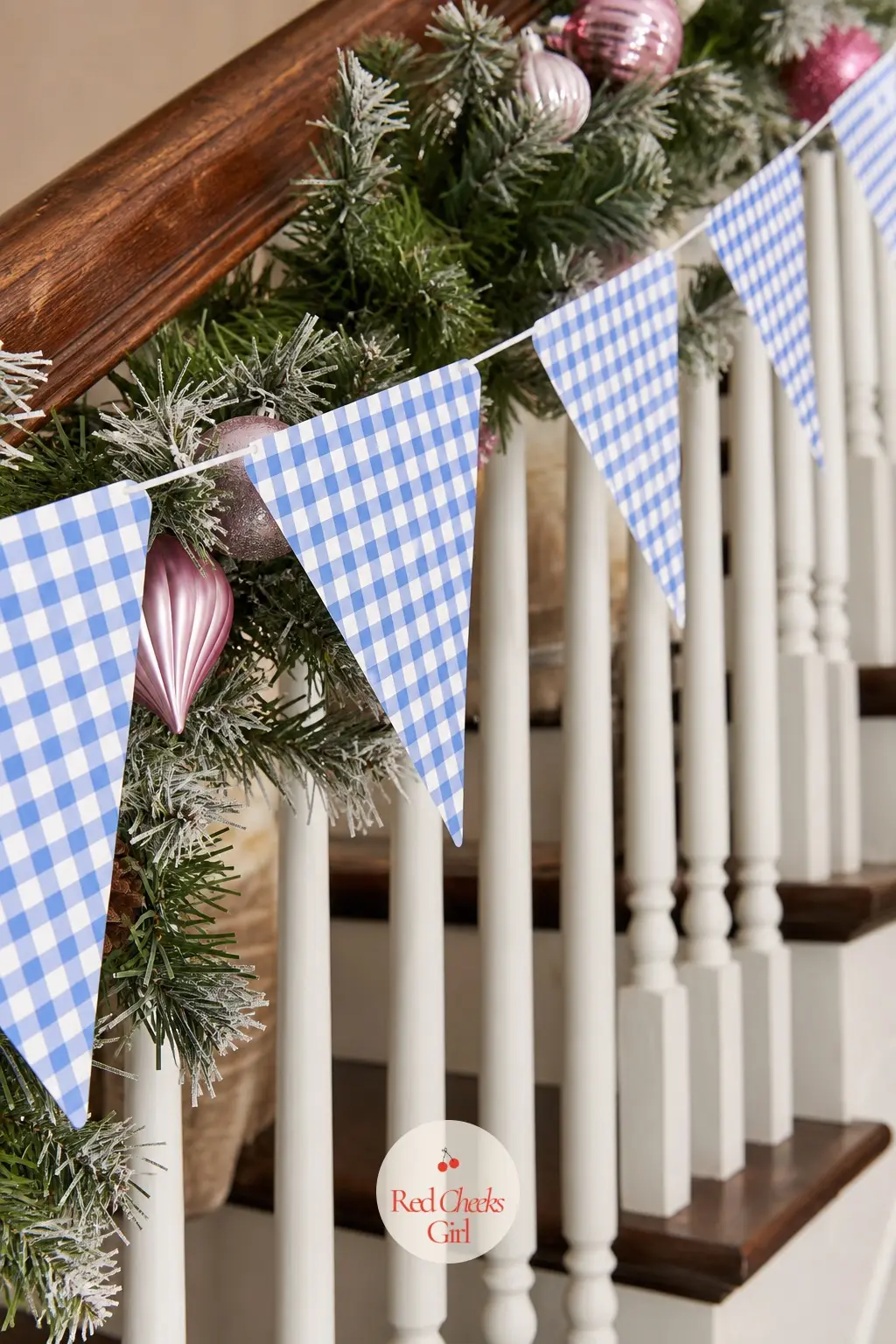 Blue and White Bunting — Triangle flags in a blue and white gingham check, a tidier, cooler cousin of the pink harlequin bunting earlier in the set. Pink