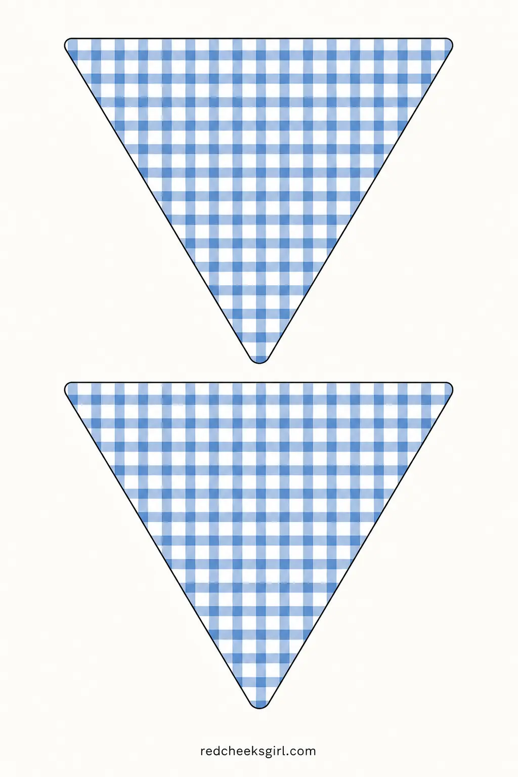 Blue and White Bunting printable sheet — Triangle flags in a blue and white gingham check, a tidier, cooler cousin of the pink harlequin bunting earlier in the