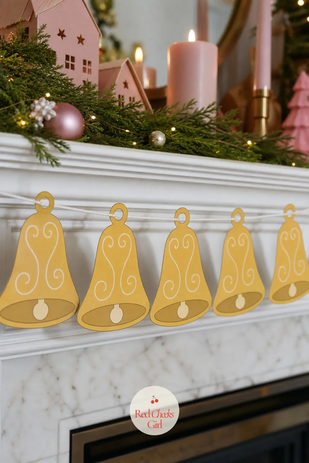 Gold Bells — A bell silhouette in gold with a cream clapper and a few thin swirl lines suggesting an embossed pattern, lying on its side as drawn. Pink