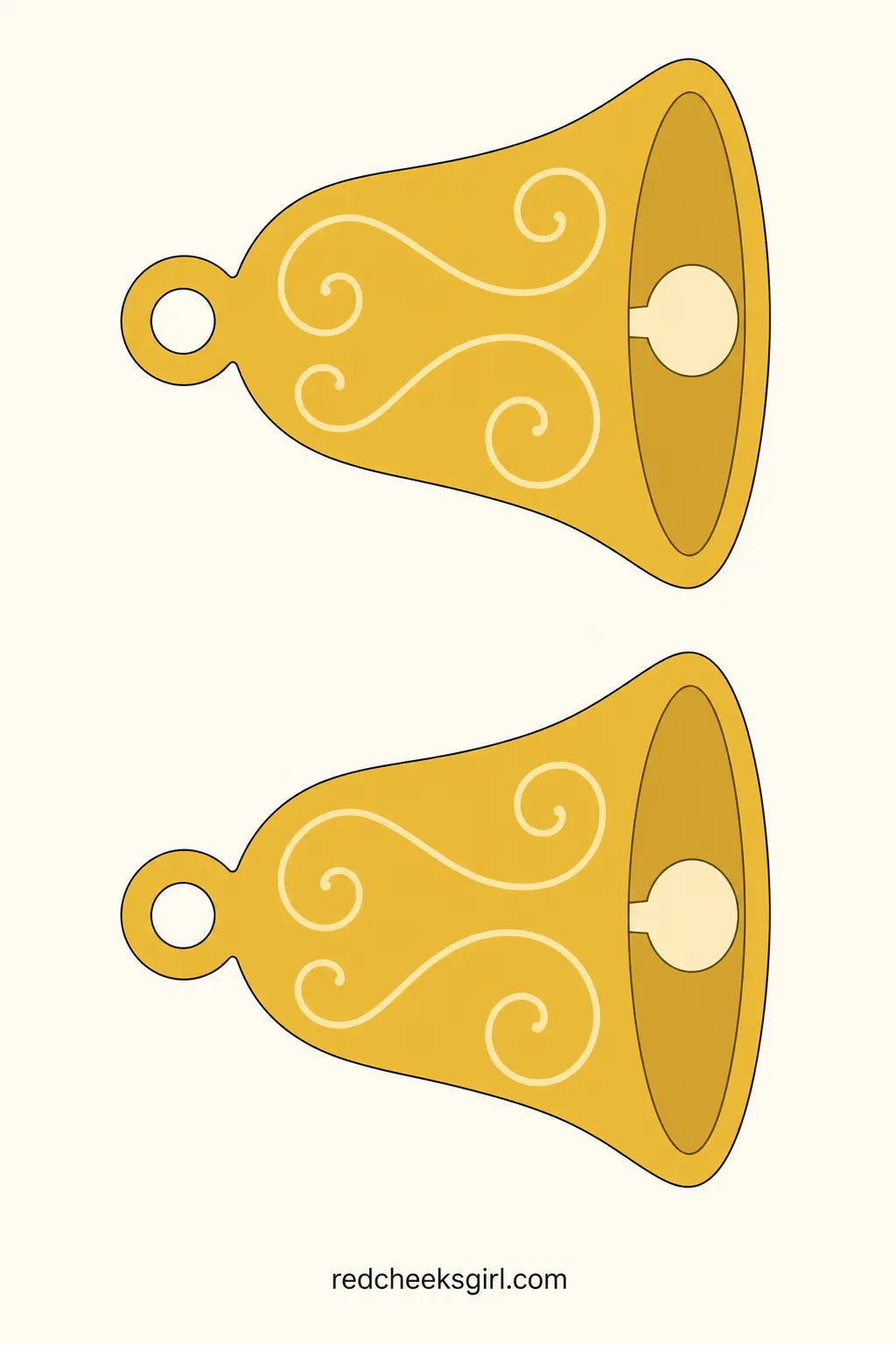 Gold Bells printable sheet — A bell silhouette in gold with a cream clapper and a few thin swirl lines suggesting an embossed pattern, lying on its side as