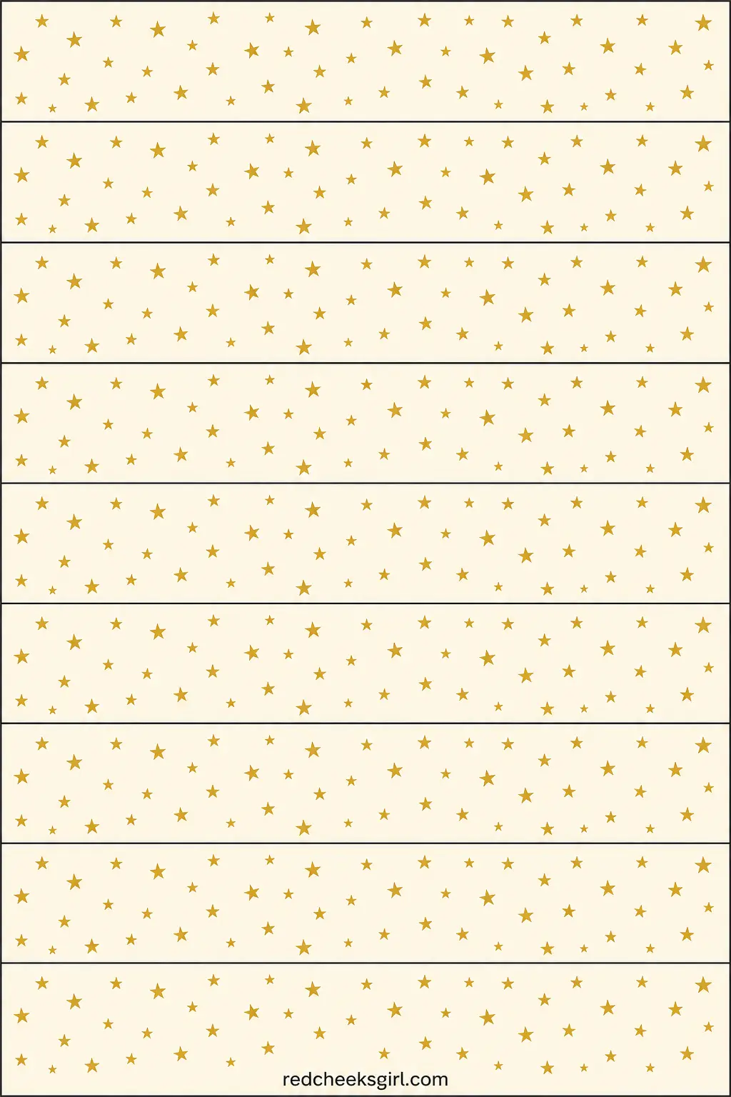 Gold Stars printable sheet — A paper chain where each strip carries a scatter of small five-point stars in gold across a cream ground, like confetti caught