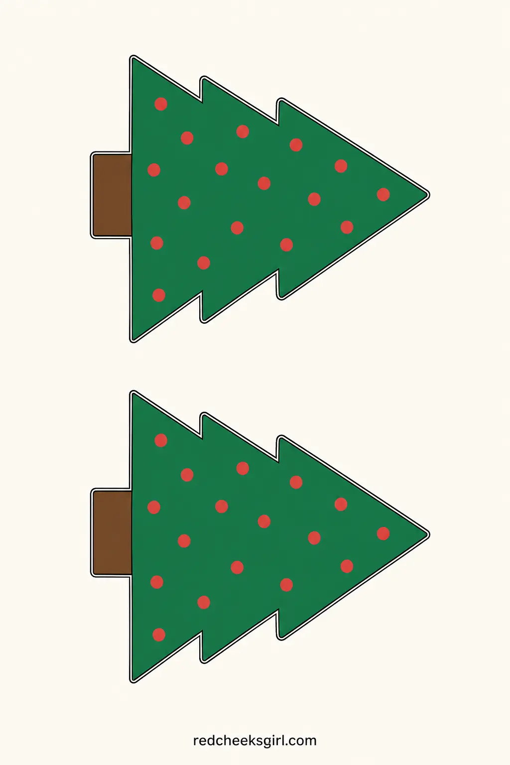 Green Christmas Trees with Red Dots printable sheet — A triangle tree silhouette in green, freckled across with small red dots standing in for ornaments, lying