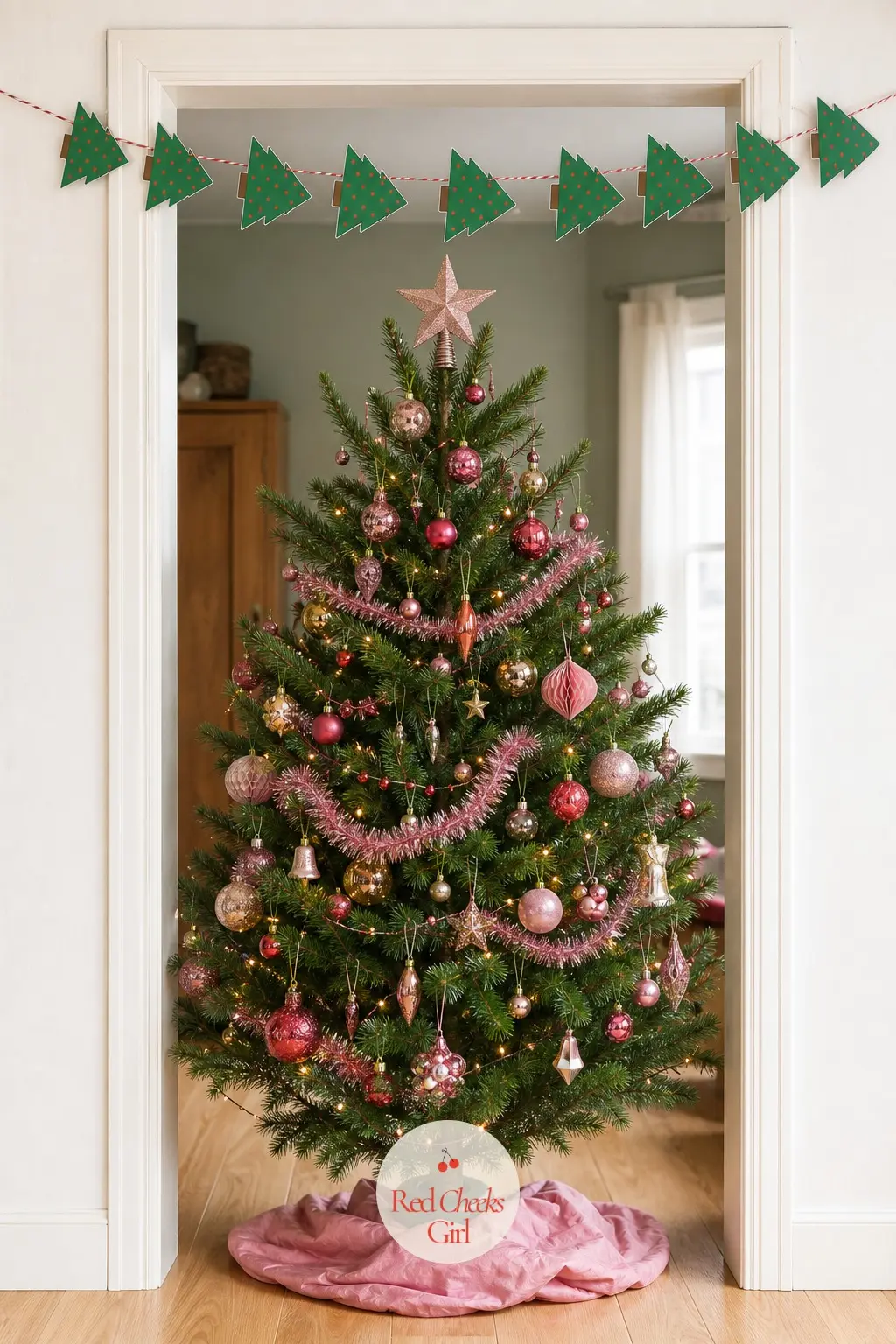 Green Christmas Trees with Red Dots — A triangle tree silhouette in green, freckled across with small red dots standing in for ornaments, lying on its side as