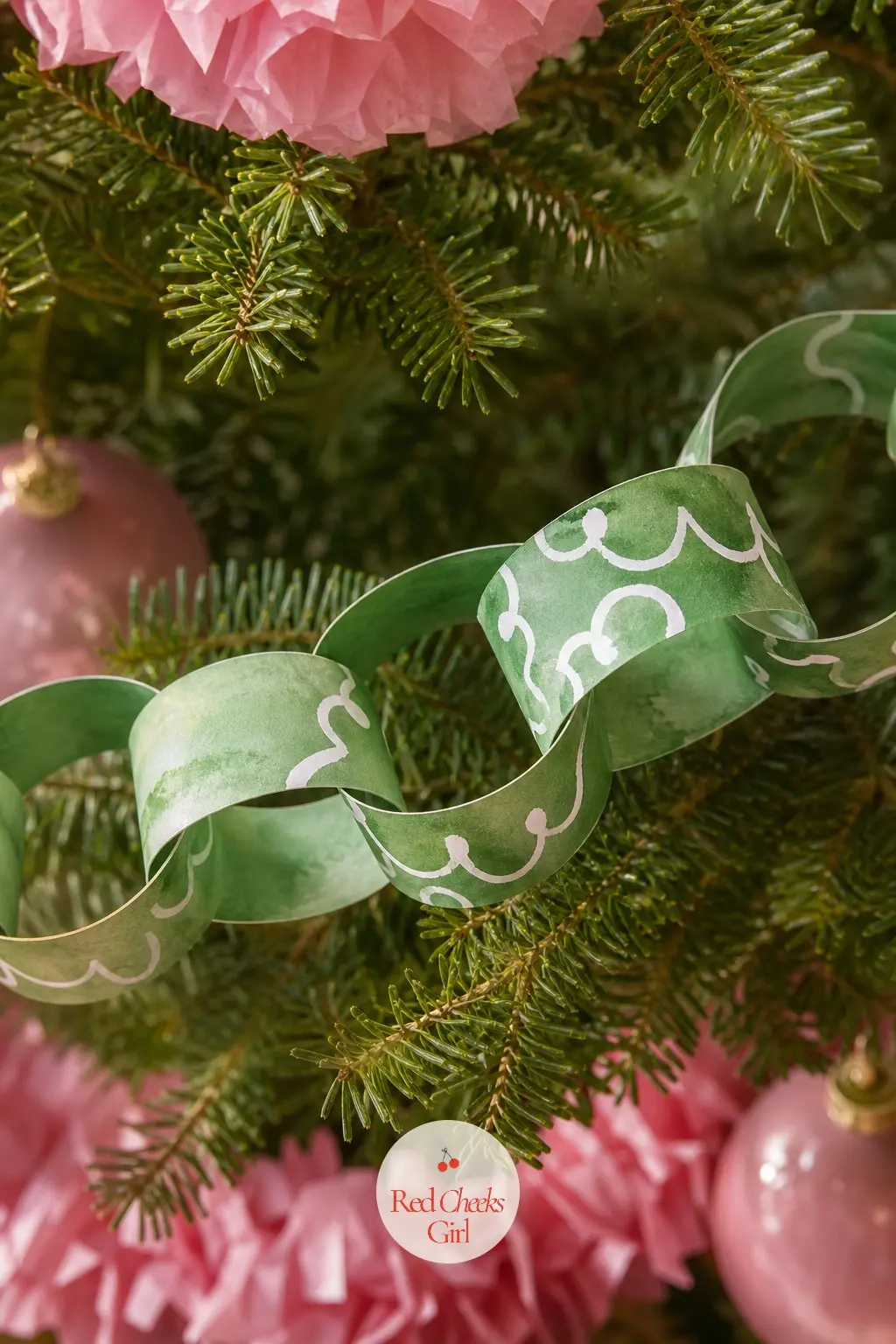 Green Ornaments with White Squiggles — The last chain in the set: each strip carries a row of round ornament-ball outlines in green, every ball doodled over