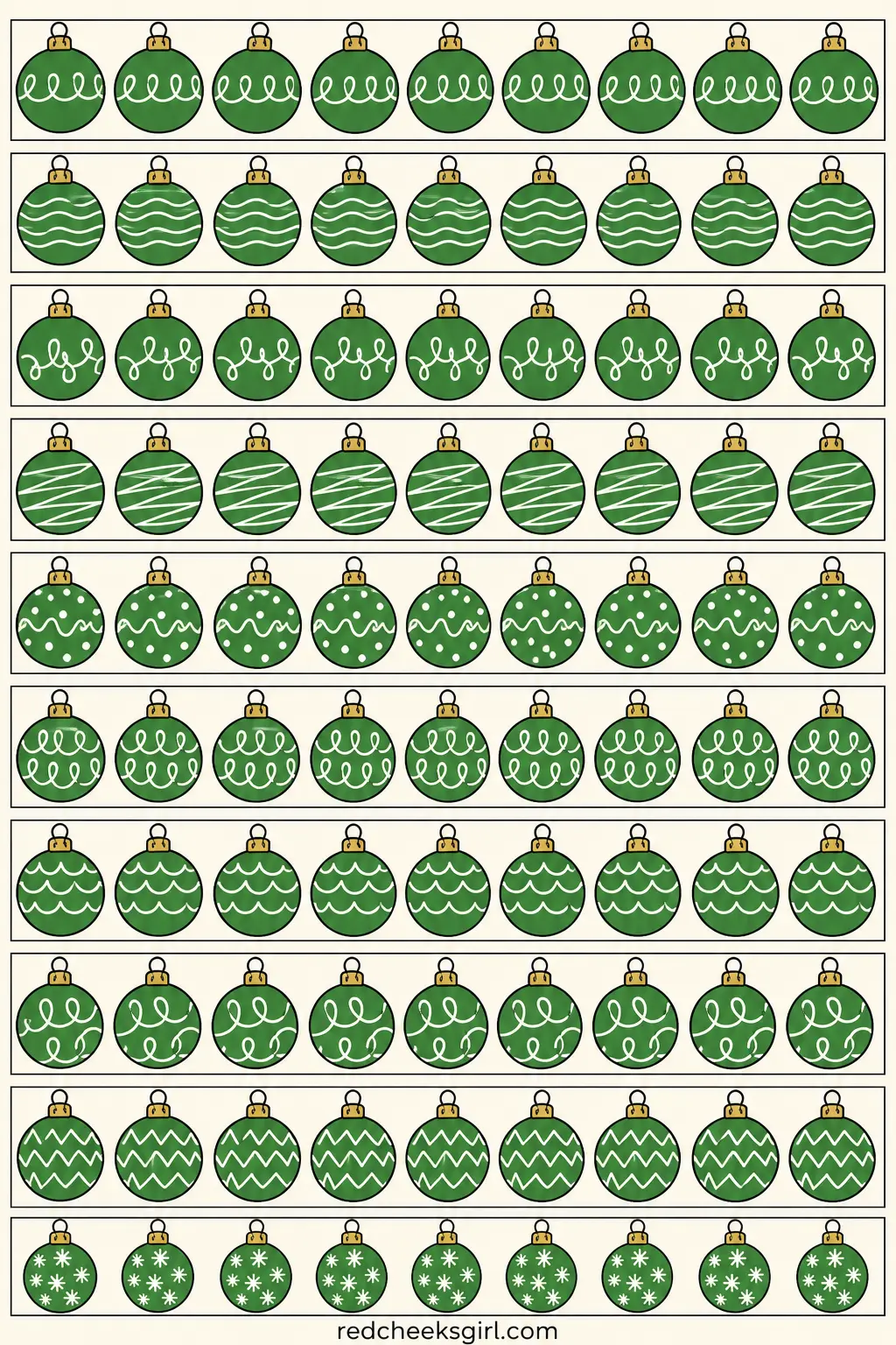 Green Ornaments with White Squiggles printable sheet — The last chain in the set: each strip carries a row of round ornament-ball outlines in green, every ball