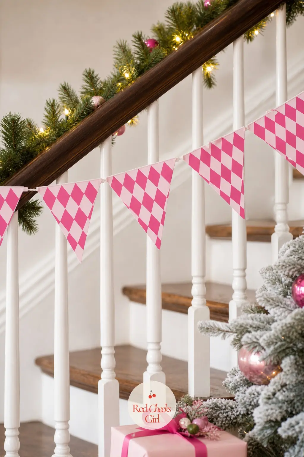 Pink Harlequin Bunting — Sharp triangle flags in a harlequin diamond check of hot pink and blush, a pattern that photographs better than plain pink alone