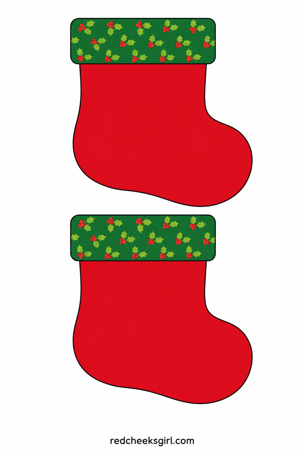 Red and Green Stockings with Holly Cuffs printable sheet — A line of stocking silhouettes in red and green, each with a contrasting cuff printed with a small