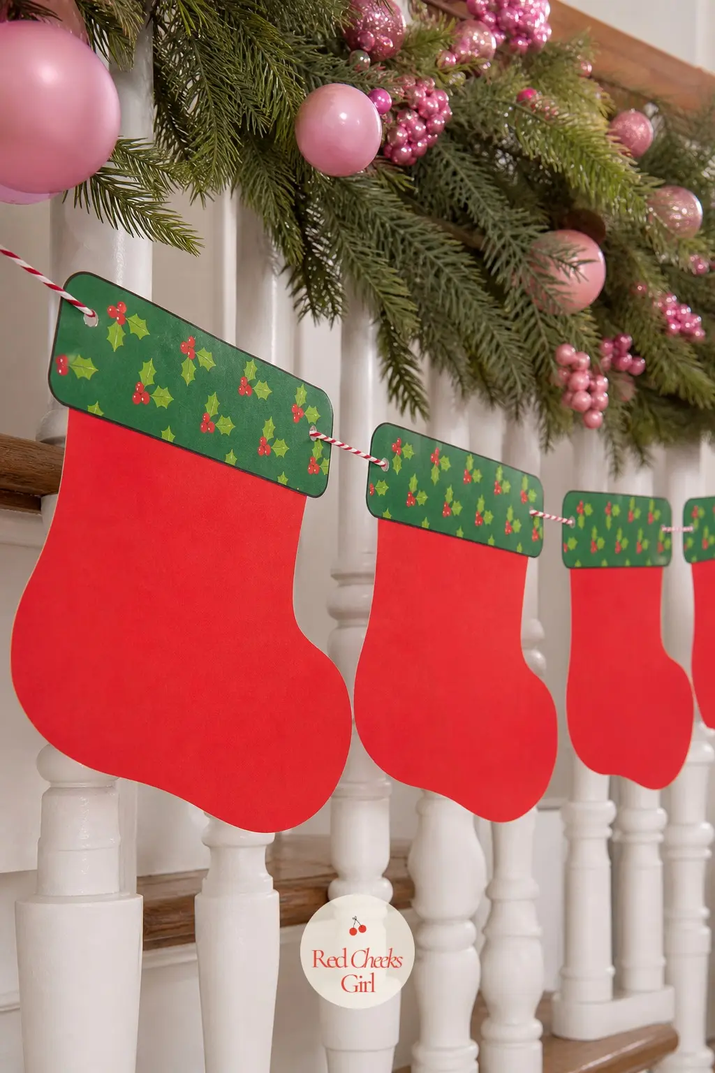 Red and Green Stockings with Holly Cuffs — A line of stocking silhouettes in red and green, each with a contrasting cuff printed with a small holly leaf and