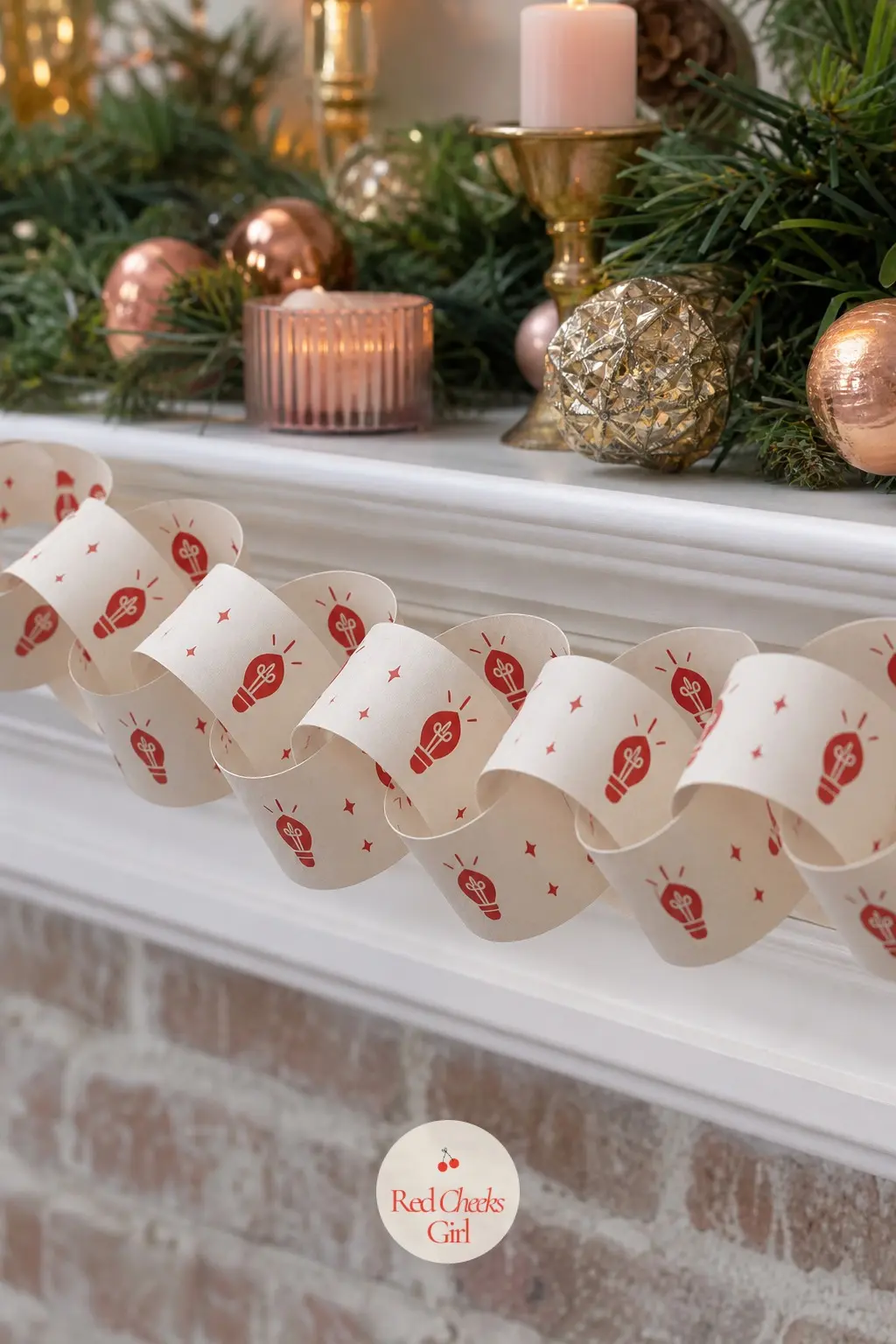 Red Retro C9 Bulbs — This one is a paper chain, not loose bulbs: every strip carries a tidy row of tiny vintage bulb icons in red on a cream ground, so the