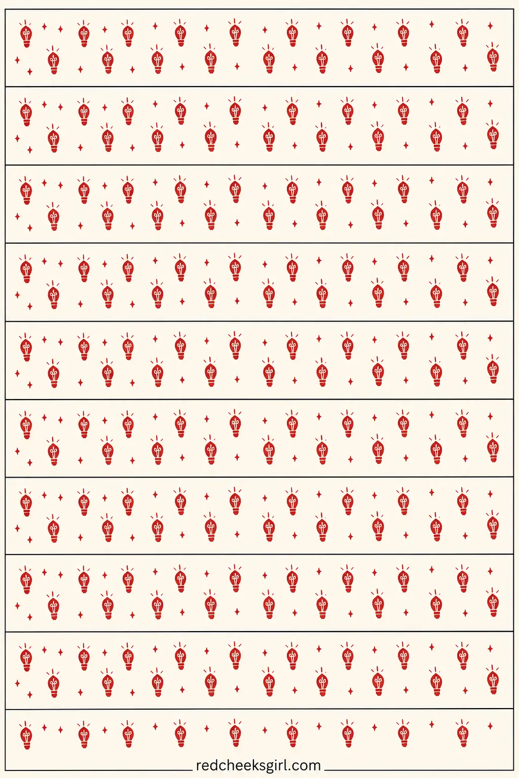 Red Retro C9 Bulbs printable sheet — This one is a paper chain, not loose bulbs: every strip carries a tidy row of tiny vintage bulb icons in red on a cream