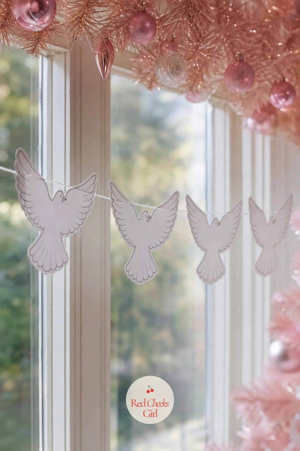 White Doves — A dove in flight, wings spread wide, drawn in white with a thin grey outline and a few simple feather lines. Pink christmas garland
