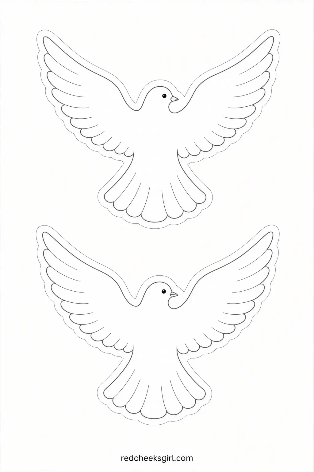 White Doves printable sheet — A dove in flight, wings spread wide, drawn in white with a thin grey outline and a few simple feather lines. Pink christmas