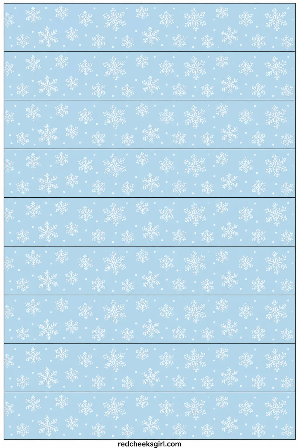 White Snowflakes printable sheet — A paper chain again, this time each strip carrying a row of small white snowflake outlines on a pale ice-blue ground, so the