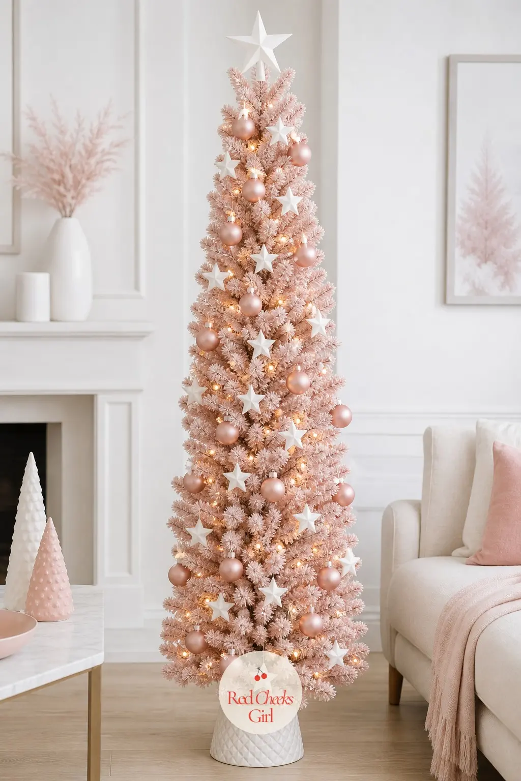 Blush Pencil in the White Living Room — A slim artificial pencil tree in blush stands against pale oak floors and a linen sofa, the room already so pared back