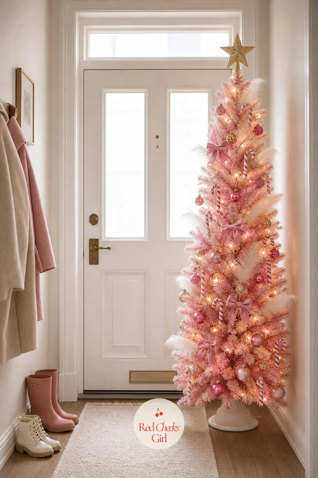 Bubblegum Rush at the Front Door — A slim pencil tree in true bubblegum pink greets whoever walks in before they even get their coat off. Pink christmas tree