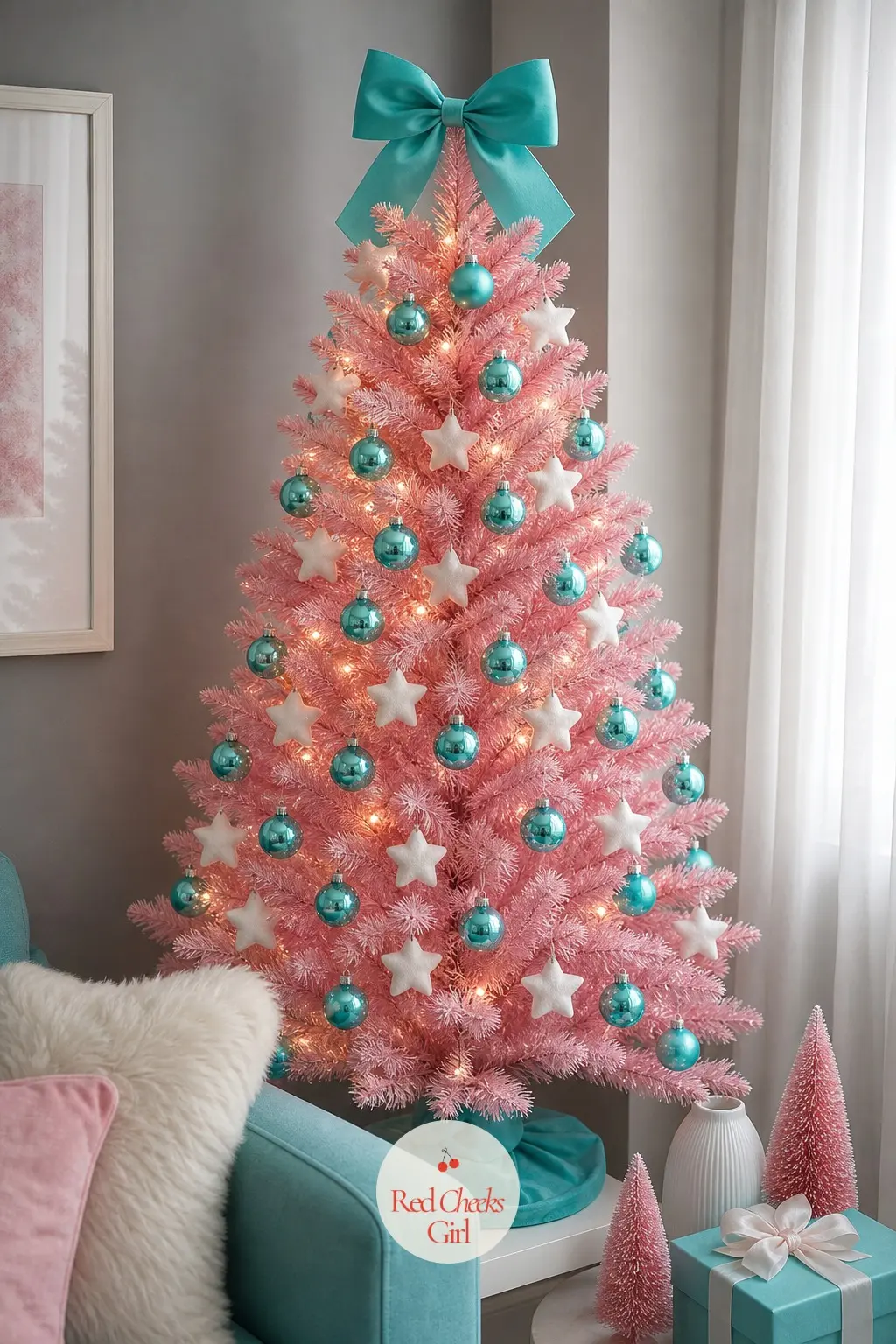 Bubblegum and Turquoise in One Room — A small artificial tree stands in the one room a small flat has to spare, bubblegum pink against turquoise and white for