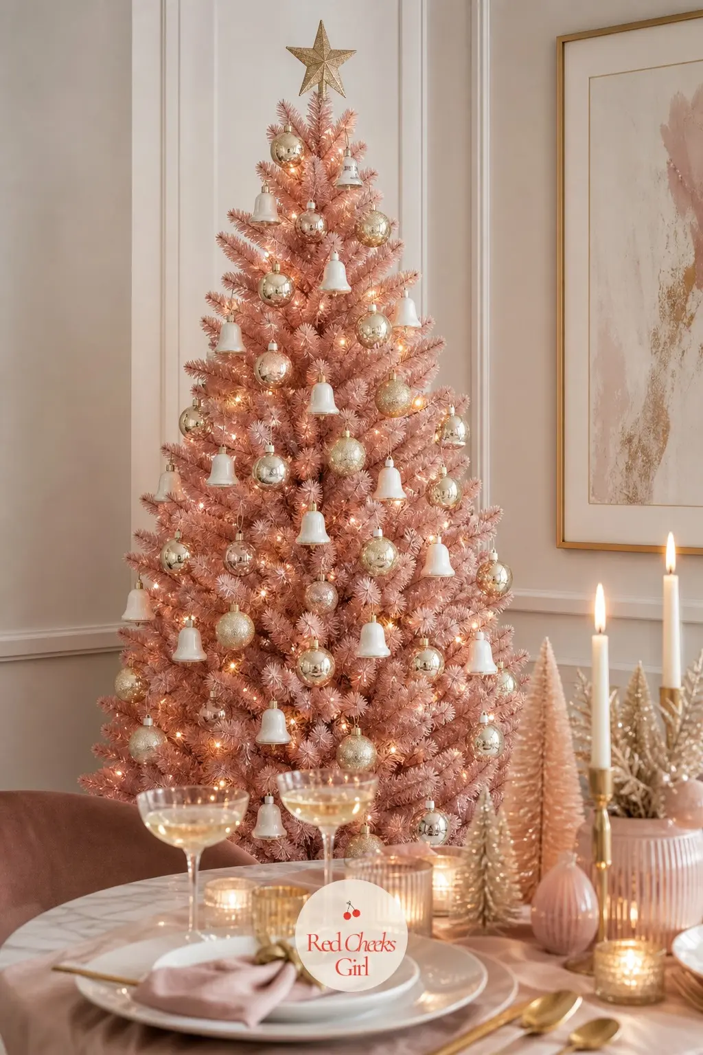 Champagne Toast at the Table — An artificial full tree stands beside a dining table already laid for the meal, blush and champagne gold picking up the