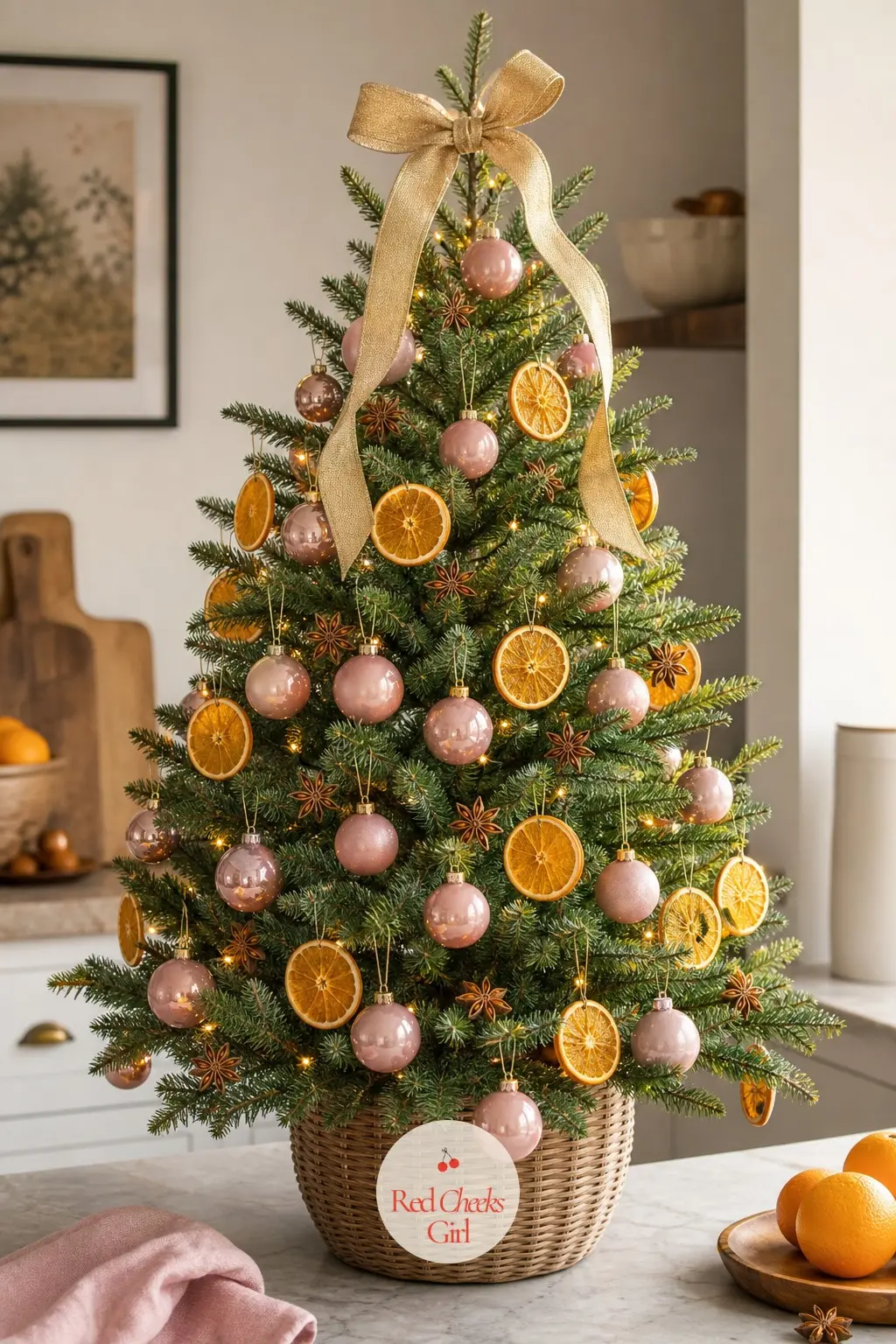 Citrus and Dusty Pink on the Counter — A tiny real potted tree sits in the kitchen corner, dried orange slices and gold star anise picks turning it into