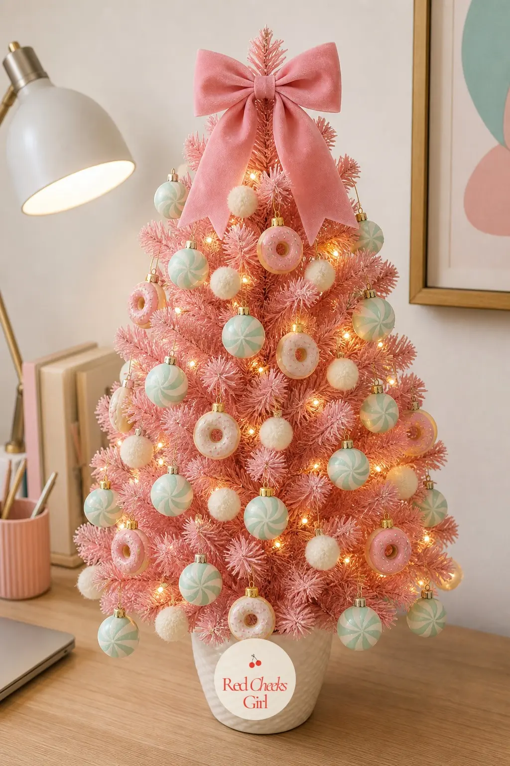 Desktop Bubblegum — A small potted tree sits on the desk behind the laptop, bubblegum pink against mint and cream so it reads as a treat rather than clutter.